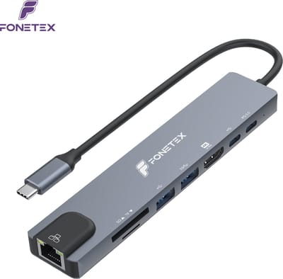 FoneTex USB C Hub - 1x HDMI 4K - 1x Ethernet - 2x USB-C - 2x USB-A - 2x Kaartlezers - USB Splitter - Geschikt voor Macbook Pro / Air / Windows / Universeel