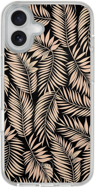 Hybride hoesje geschikt voor iPhone 16 - Palm silhouette - Extra bescherming - Luxe beschermhoes - TPU case - Transparant, Zwart, Goud - Mooie Telefoonhoesjes