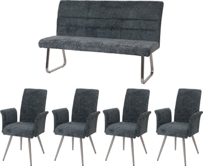 Eetkamerset MCW-G55, set van 4 stoelen met armleuningen + bank 160cm, geborsteld roestvrij staal stof/textiel chenille ~ blauwgroen
