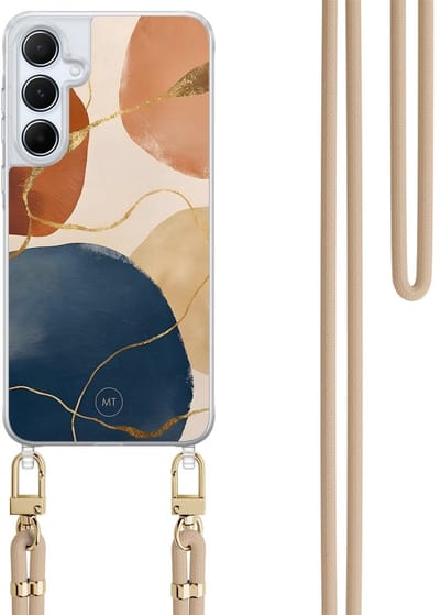 Hoesje met koord geschikt voor Samsung Galaxy A15 - Abstract harmony - Inclusief Beige koord - Crossbody beschermhoes - Transparant, Multi - Mooie Telefoonhoesjes