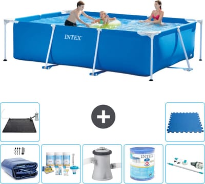 Intex Rechthoekig Frame Zwembad - 300 x 200 x 75 cm - Blauw - Inclusief Solarzeil - Onderhoudspakket - Zwembadfilterpomp - Filter - Stofzuiger - Solar Mat - Vloertegels - 8-delig
