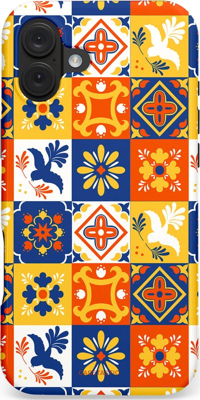 Casetastic hoesje geschikt voor Apple iPhone 16 Plus - MagSafe - Dubbellaagse bescherming - Mediterraanse Tegels - Fashion Case - Oranje Donkerblauw Geel Crème