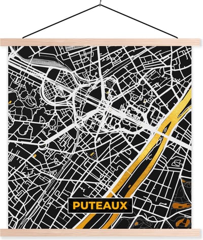 Posterhanger incl. Poster 40x40 cm - Schoolplaat - Plattegrond – Puteaux – Stadskaart – Kaart – Frankrijk - Textielposter - Blanke latten - Stadskaart