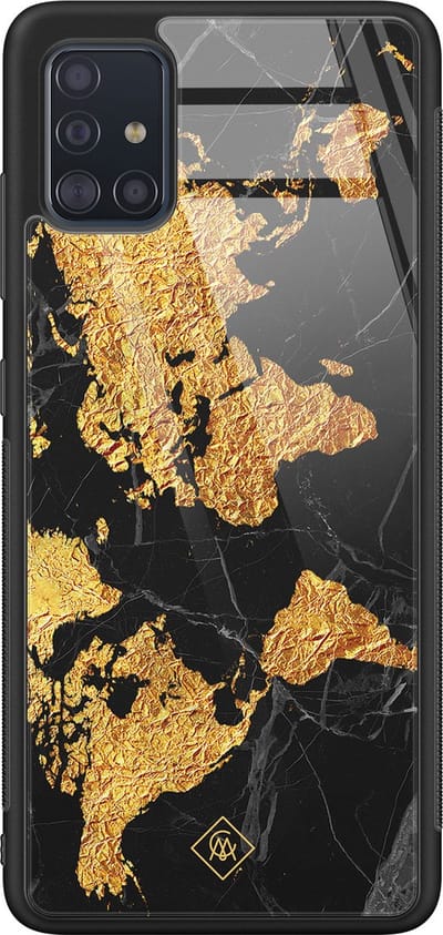 Casimoda® hoesje - Geschikt voor Samsung Galaxy A51 - Wereldkaart - Luxe Hard Case Zwart - Backcover telefoonhoesje - Goudkleurig