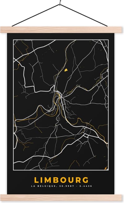 Posterhanger incl. Poster 40x60 cm - Schoolplaat - Limburg - Kaart - Goud - Stadskaart - Plattegrond - Textielposter - Blanke latten - Stadskaart