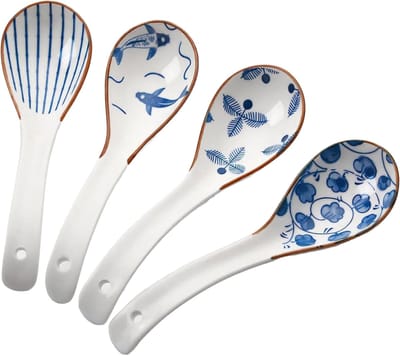 Somstyle Chinese Soeplepel Set - 4 Stuks - Keramische Ramen Lepel - 16 x 4.5 CM - Eetlepels - Blauw / Wit