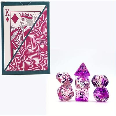 Ensemble de 7 dés et un jeu de cartes à jouer, dés multi-facettes violets transparents Flash Point, jeu de poker étanche en plastique rouge rosé rouge rose
