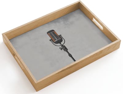 Dienblad hout 40x30 cm - Schootdienblad - Microfoon - Vintage - Illustratie - Grijs - Borrelplank rechthoek - Plateau dienbladen