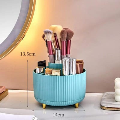 Porte-pinceaux de maquillage rotatif Organisateur de cosmétiques de bureau Boîte de rangement de bureau rotative Porte-rouge à lèvres eyeliner portable bleu
