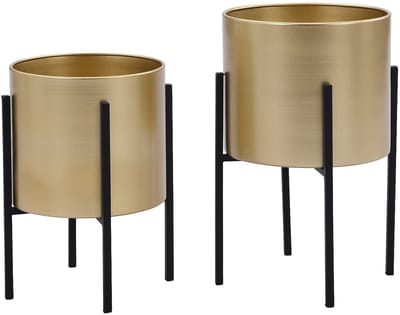 Vente-unique Set van 2 metalen bloempotten - D25 x H39 en D23 x H35,5 - Goud en zwart - EDMEE
