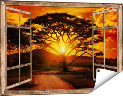 Gards Tuinposter Doorkijk Zonsondergang Achter een Savanne Boom - 90x60 cm - Tuindoek - Tuindecoratie - Wanddecoratie buiten - Tuinschilderij