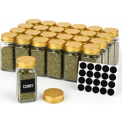 Set glazen kruidenpotjes 24 stuks organizerpotjes goud