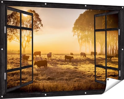 Gards Tuinposter Doorkijk Kudde Koeien in de Wei met Zonsopkomst - 150x100 cm - Tuindoek - Tuindecoratie - Wanddecoratie buiten - Tuinschilderij
