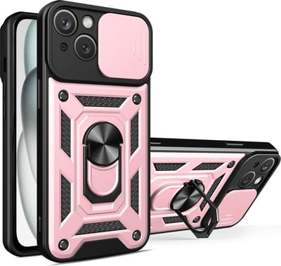 Hoesje geschikt voor iPhone 15 Plus met Ringhouder en Camera schuifje – Rosegoud