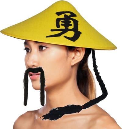 Funny Fashion Aziatisch Chinese verkleedset - hoedje geel met vlecht en snor - Carnaval verkleed accessoires