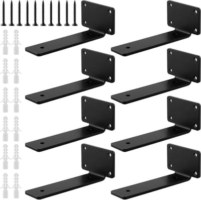 Set van 8 Zwarte Wandbeugels voor Planken, 6 Inch, Vaste en Verborgen Bevestiging voor Keuken, Woonkamer en Slaapkamer