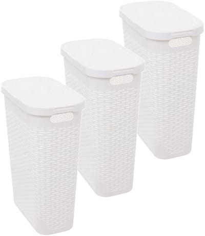 5Five Smalle Wasmand met deksel Rotan - 3x - wit - gevlochten kunststof - 40 liter - 26 x 46 x 60 cm
