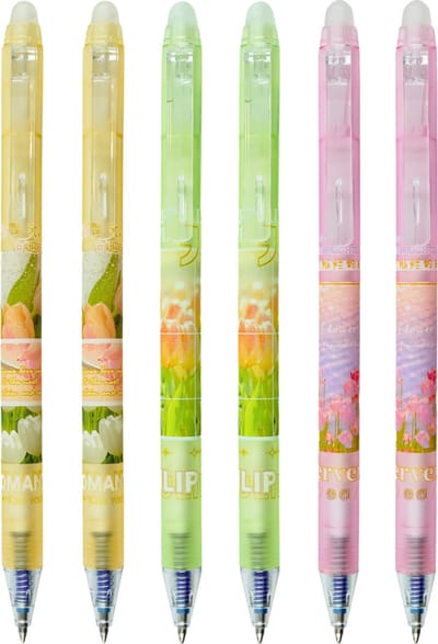 Ainy - Tulpen Uitwisbare Pen - set van 6 zwarte uitgumbare pennen voor in je etui - kawaii balpen | middelbare schoolspullen | balpennen souvenirs holland