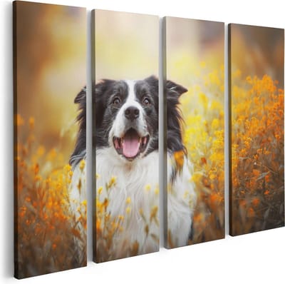 Artaza Canvas Schilderij Vierluik Blije Hond Tussen De Bloemen - 80x60 - Foto Op Canvas - Canvas Print