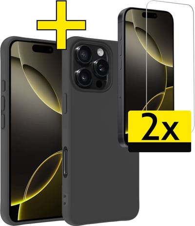 Hoesje - Met 2x Screenprotector - Geschikt voor Apple iPhone 16 Pro - Sterk & Shockproof - Back Cover - Siliconen Case - Telefoon Hoes - Telefoonhoesjes - Zwart