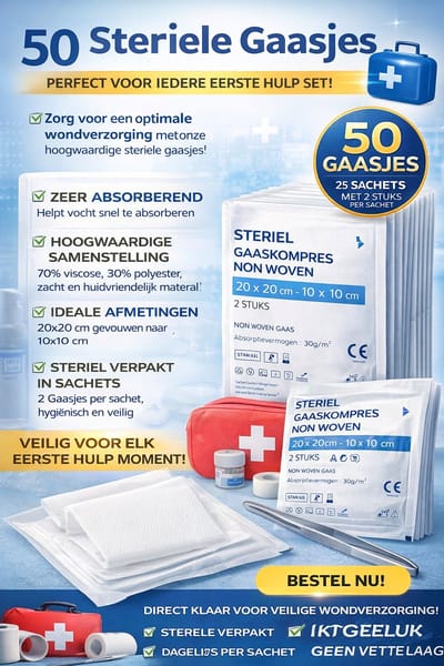 50 steriele gaasjes - gaas kompressen – 20x20 gevouwen in 10x10 cm - non woven - desinfectie of sterilisatie Verpakt in sachets met 2 stuks per sachet = TOTAL 25 SACHETS
