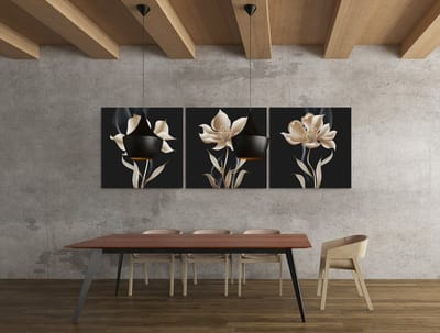Drieluik Canvas Schilderij Gouden Bloemen op Zwarte Achtergrond – Luxe Muurdecoratie - 3x30x30 cm