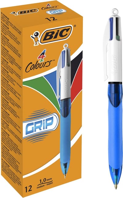 BIC 4 Kleuren Grip Balpennen met Kliksysteem Medium Punt (1.0 mm) - Comfortable grip - Doos van 12 Stuks