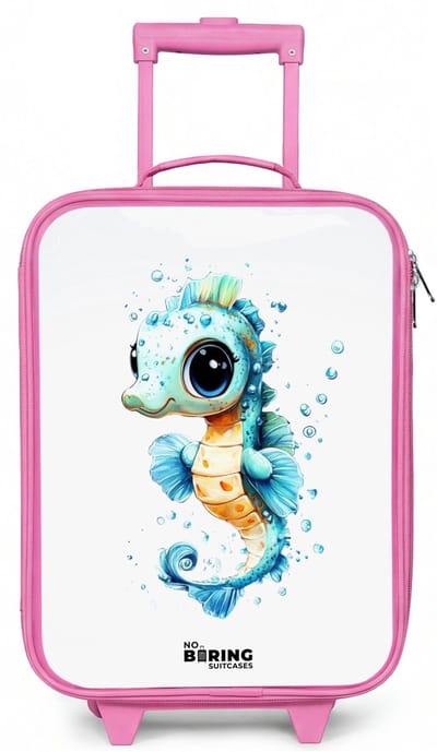 NoBoringSuitcases.com® - Kinderkoffer roze - Kindertrolley meisje - Blauw zeepaardje met grote ogen en luchtbellen - Koffer kind lichtgewicht - Reiskoffer trolley voor kinderen - Koffertje met lichtgevende wieltjes - Rolkoffer