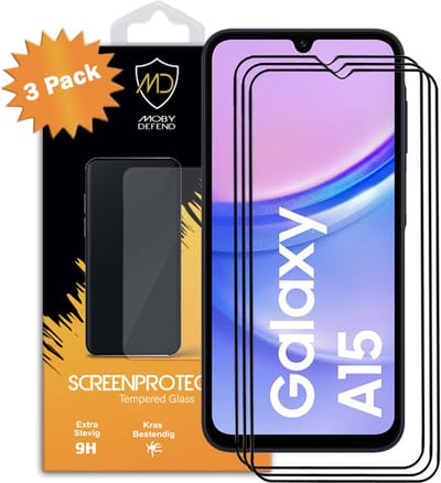 3-Pack MobyDefend Screenprotectors - Geschikt voor Samsung Galaxy A15 - Screensavers Met Zwarte Randen - Gehard Glas