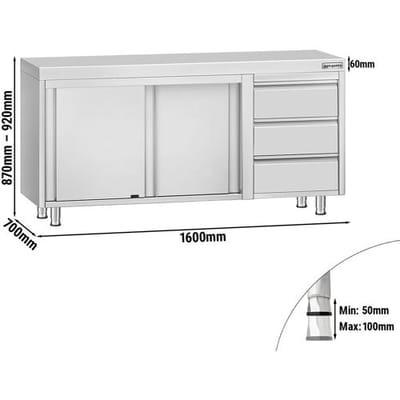 GGM Gastro Edelstahl Arbeitsschrank ECO - 1600x700mm - mit 3 Schubladen rechts Zilver