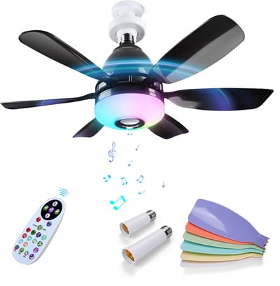 Plafondventilator met Lamp door MMOBIEL – LED Plafondventilator met Bluetooth Speaker, E27 Fitting, RGB Licht, Dimbaar 3000K-6500K, Muzieksync, 3 Snelheden, 2x6 Bladen, Afstandsbediening – Zwart