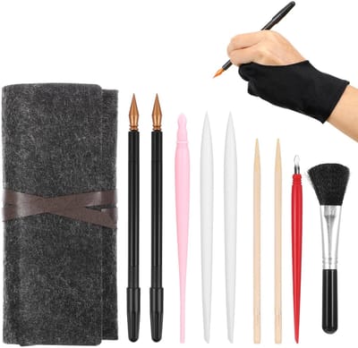 Dailygoods- Scratch Art Gereedschap 11 Stuks - Krabtechnieken - Houten Stylus / Plastic Pennen - Schraper - Gereedschapstas - Kunstenaars Handschoen - Opbergoplossing - Kraskunst Gereedschap