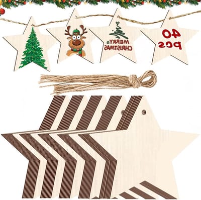 DIY Kerstdecoratie Set van 40 Stuks: Houten Sneeuwvlokken, Cadeaupendanten en Versieringen voor Creatieve Projecten en Boomdecoratie