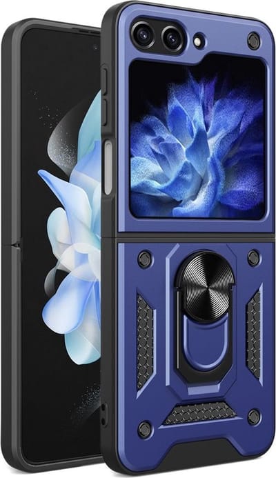 MobyDefend Hoesje - Geschikt voor Samsung Galaxy Z Flip 5 - Pantsercase Met Draaibare Ring - Blauw