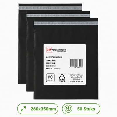 Verzendzakken Zwart 260x350 mm - 50 Stuks - CoEx LDPE - Zelfklevende Plakstrip - Scheurvast & Waterafstotend | G&F Verpakkingen