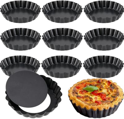 Dailygoods- Quichepan 10 cm - 10 Stuks - Niet-klevend - Losse Bodem - Hoogwaardig Koolstofstaal - Duurzaam en Optimaal Bakresultaat - Taartvorm