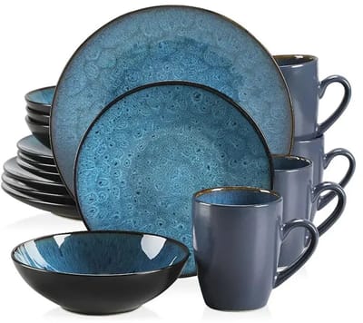 Servies - Servies set - 48 Stuk - Vintage Keramische - Met Diner/Dessertbord - Kom - Koffie Cups - Blauw Steengoed