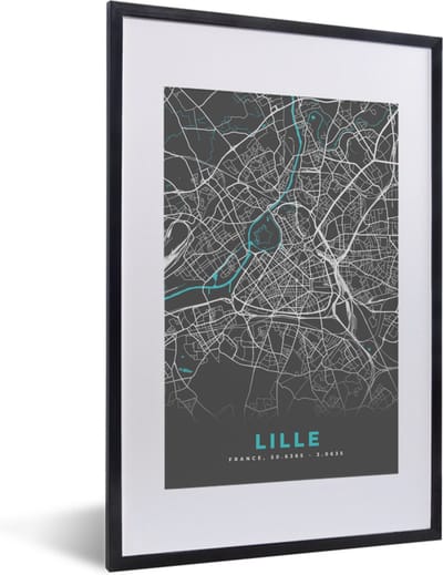 Fotolijst incl. Poster - Frankrijk - Lille - Plattegrond - Kaart - Stadskaart - 40x60 cm - Posterlijst