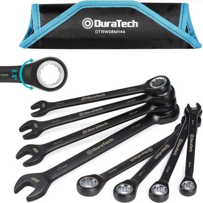 DURATECH Ratel-combinatiesleutelset, 144-P, dubbel gestapelde ratels, 8-delig, metrisch, 8, 10, 11, 12, 13, 14, 15, 17 mm, CR-V staal, zwart