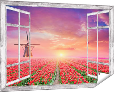 Gards Tuinposter Doorkijk Rode Rozen Bloemenveld met een Windmolen - 150x100 cm - Tuindoek - Tuindecoratie - Wanddecoratie buiten - Tuinschilderij