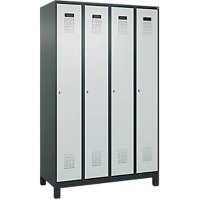 C+P Evolo Plus garderobekast, 4 vakken, 300 mm vakbreedte, met poten, rechts scharnierend, cilinderslot, soft-close, inbraakwerend, B 1200 x D 500 x H 1950 mm, antracietgrijs RAL 7016/lichtgrijs RAL 7035
