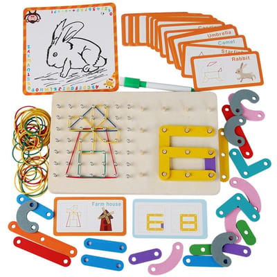 Jeu éducatif en bois Montessori 3 en 1 Puzzle de géométrie Planche à picots Jeu de tri de couleurs Jouet éducatif pour enfants Cadeaux pour enfants yellow