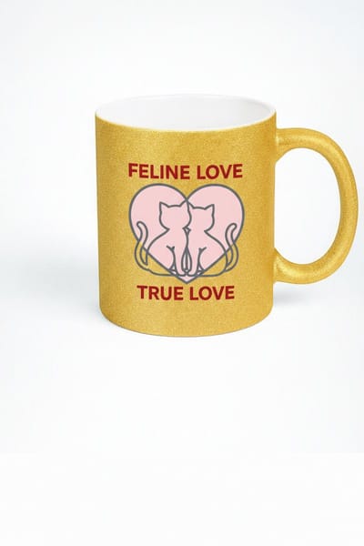 Gouden Glitter Mok "Feline Love True Love" met Katten Design - Ideaal Cadeau voor Kattenliefhebbers