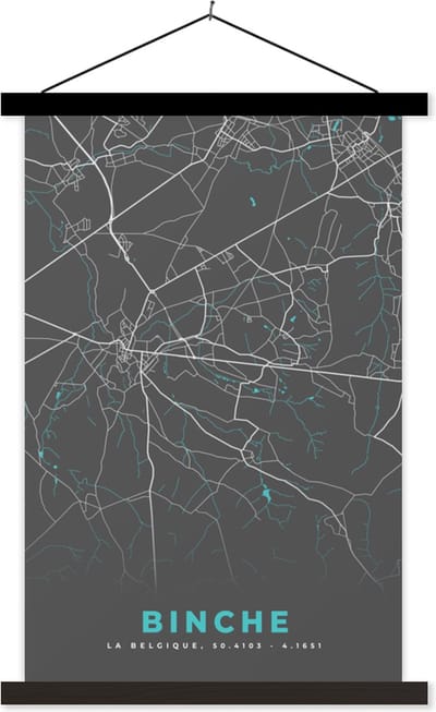 Posterhanger incl. Poster 40x60 cm - Schoolplaat - Plattegrond – Binche – Blauw – Stadskaart - Kaart - België - Textielposter - Zwarte latten - Stadskaart
