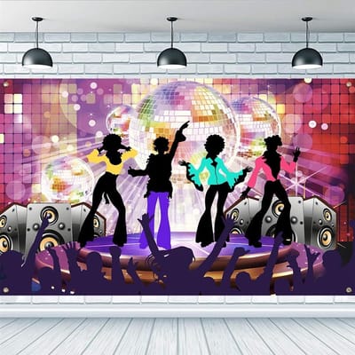 Disco Dancing Achtergrond 185x110cm Vintage 70s Thema Feestdecoratie met Disco Bal en Silhouetten van Mensen
