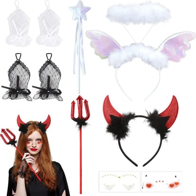 Demonen Kostuum voor Vrouwen 8-delig Set met Hoorns Haarband en Engel Hoofdband voor Volwassenen, Halloween Outfit en Carnaval Cosplay Accessoires