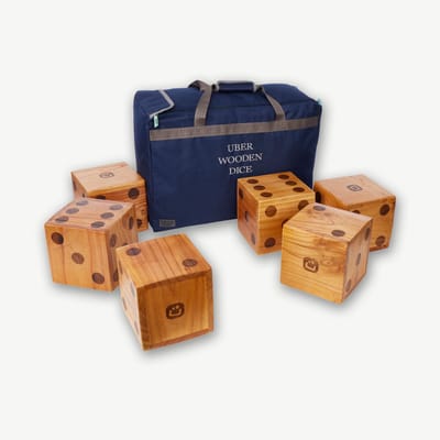 Mega Houten Dobbelstenen – 6 stuks – 21x21 cm – Drakehout – Inclusief Draagtas