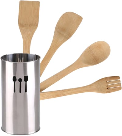 Urban Living Keukengerei - bamboe houten roerlepels - spatels set 4 delig - RVS houder van 18 cm - Keuken pollepels / spatels