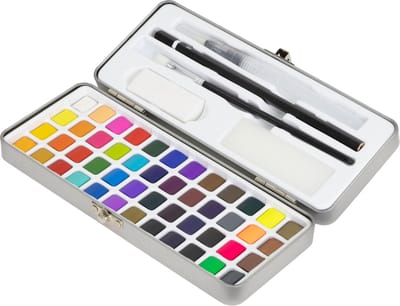 Aquarelverfdoos 48 kleuren in metalen doos zilver met accessoires