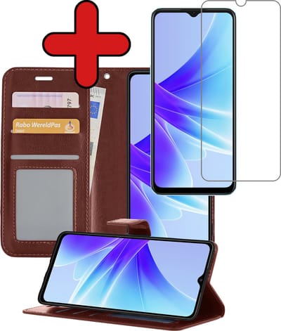 Hoesje - Met Screenprotector - Geschikt voor OPPO A17 - Luxe Pasjeshouder - Flipcase - Bookcase Portemonee - Flip Case - Kunstleer Book Case - Book Cover - Walletcase - Portemonneehoes - Telefoonhoes - Bruin